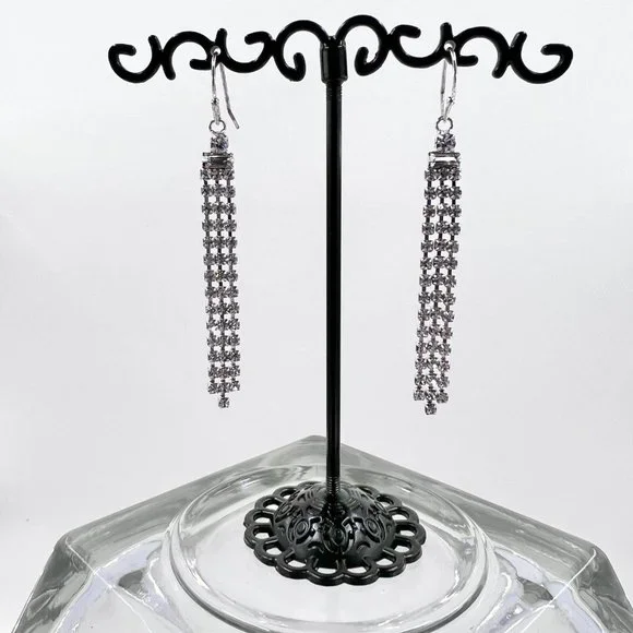 NWT - Indeed - Clear Rhinestone 3 Strand Dangle Silver Tone Fishhook Earrings - Picture 2 of 9